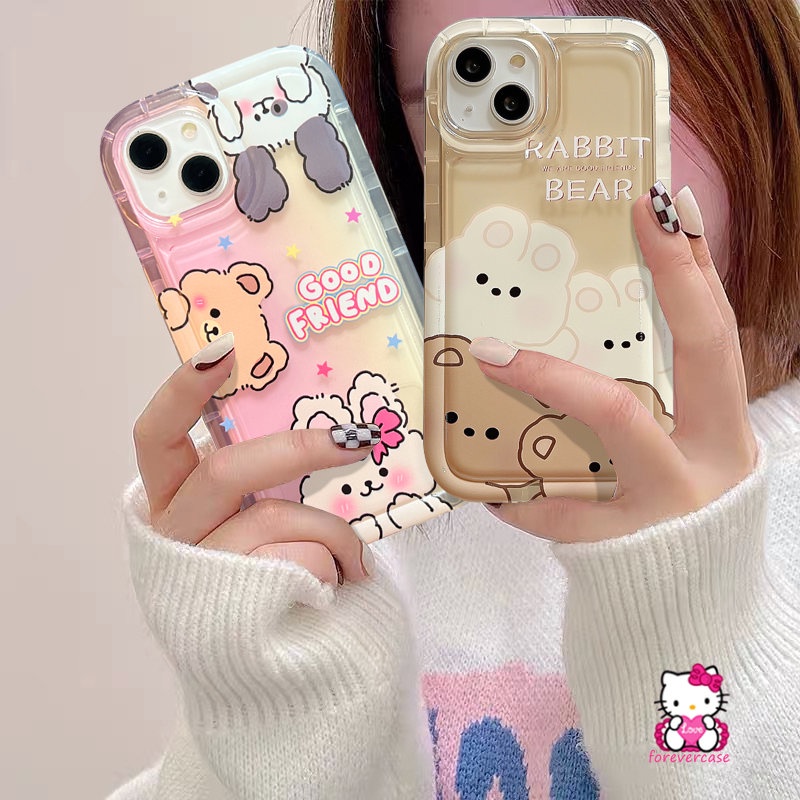 IPHONE Kartun Kelinci Lucu Beruang Teman Baik Case Kompatibel Untuk Iphone13 11 12 14 Pro MAX 8Plus XR 7Plus 6S 6 Plus XS X MAX Lembut TPU Airbag Shockproof Silicon Clear Phone Cover