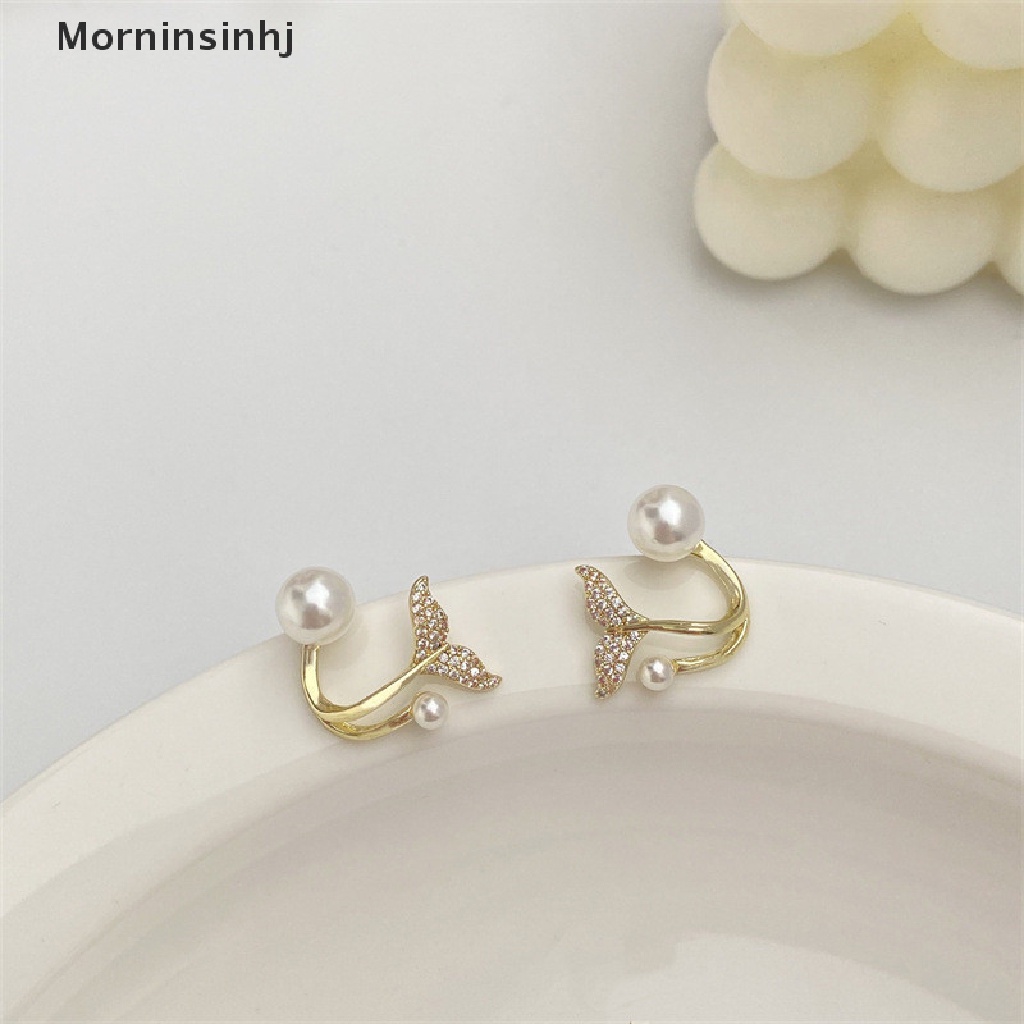 Mornin 1pasang Korea Imitasi Mutiara Bunga Stud Earrings Wanita Fashion Kristal Perhiasan Elegan Pesta Sehari-Hari Ikan Ekor Anting Dengan Mutiara Empat Cakar Telinga Baris Anting Hadiah id