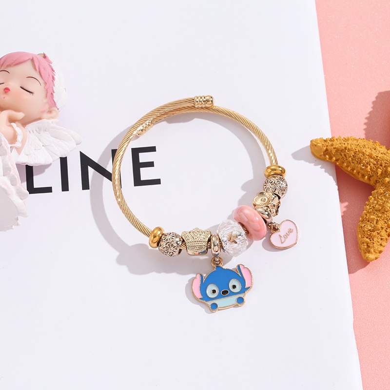 XiaoboACC Kartun Stitch Mickey Minnie Liontin Stainless Steel Terbuka Dapat Disesuaikan DIY Gelang