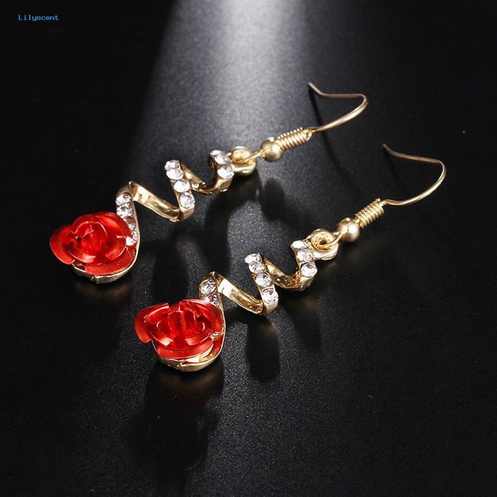 Lilyscent Wanita Fashion Merah Rose Drop Berlian Imitasi Spiral Menjuntai Kait Anting Perhiasan Hadiah