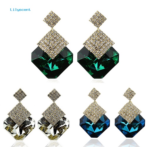 Lilyscent Wanita Fashion Mewah Berkilau Besar Persegi Berlian Imitasi Pendant Drop Earrings