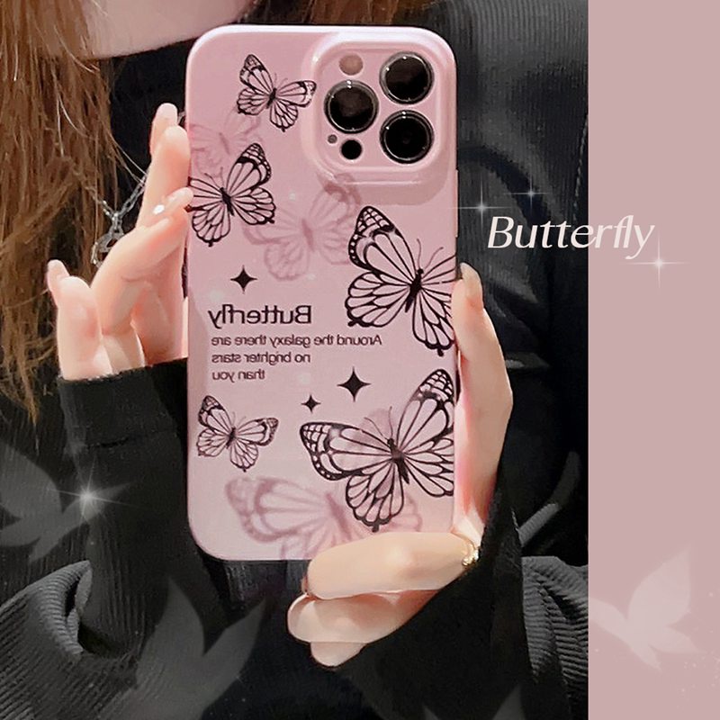 Ultrathin PC Hard Full Protective Case IPhone 7 8 Plus 7+ 8+ XR XS Max 11 12 13 14 Pro Max 14Plus SE 2020 Women's Gift Pink Gradient Butterfly Nonskid