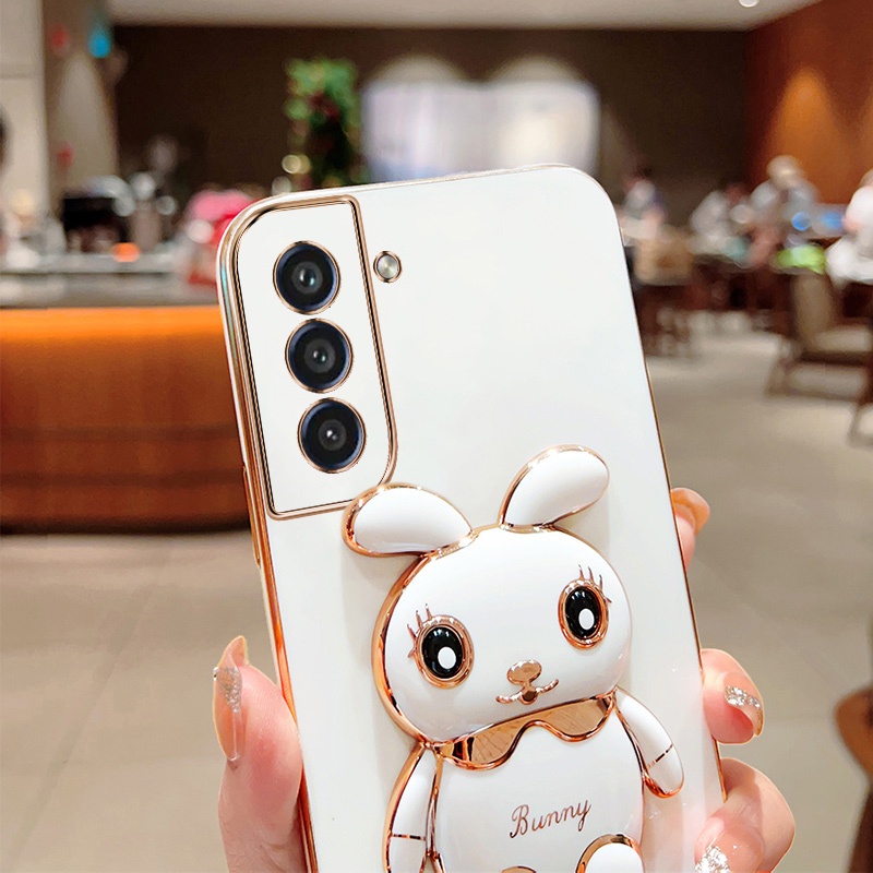 Andyh Case Handphone Untuk Samsung Galaxy S21 Plus S21+S21 FE S21 Ultra Cute Kartun Little Rabbit Straight Edge Soft Shell Mengirim lanyard Silikon