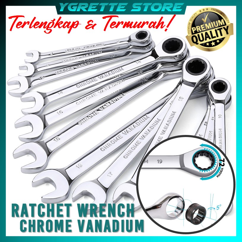 YGRETTE - Kunci Ring Pas Ratchet 2in1 Bolak Balik Double Open End Wrench 8-19MM