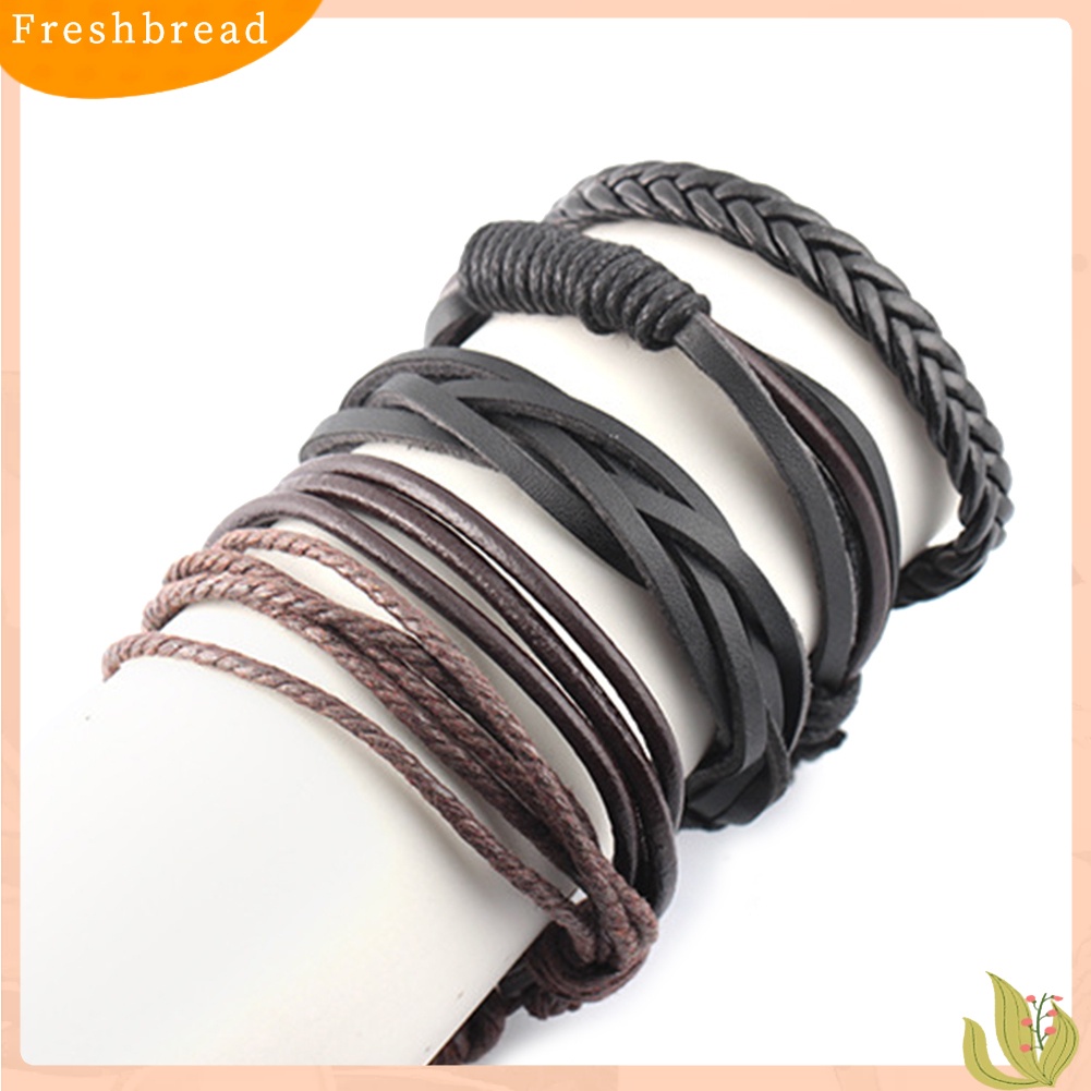 &lt; Freshbread &gt; 4Pcs/Set Vintage Handmade Anyaman Tali Kulit Gelang Bangle Pria Perhiasan Hadiah