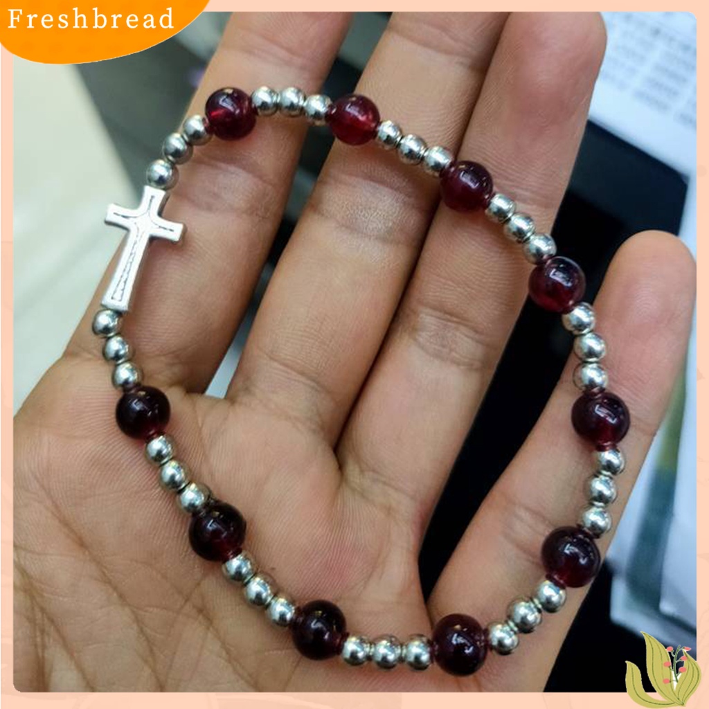 &lt; Freshbread &gt; Wanita Gelang Salib Kudus Elegan Dainty Elastis Festival Hadiah Warna Ungu Perak Manik-Manik Rosario Gelang Fashion Perhiasan