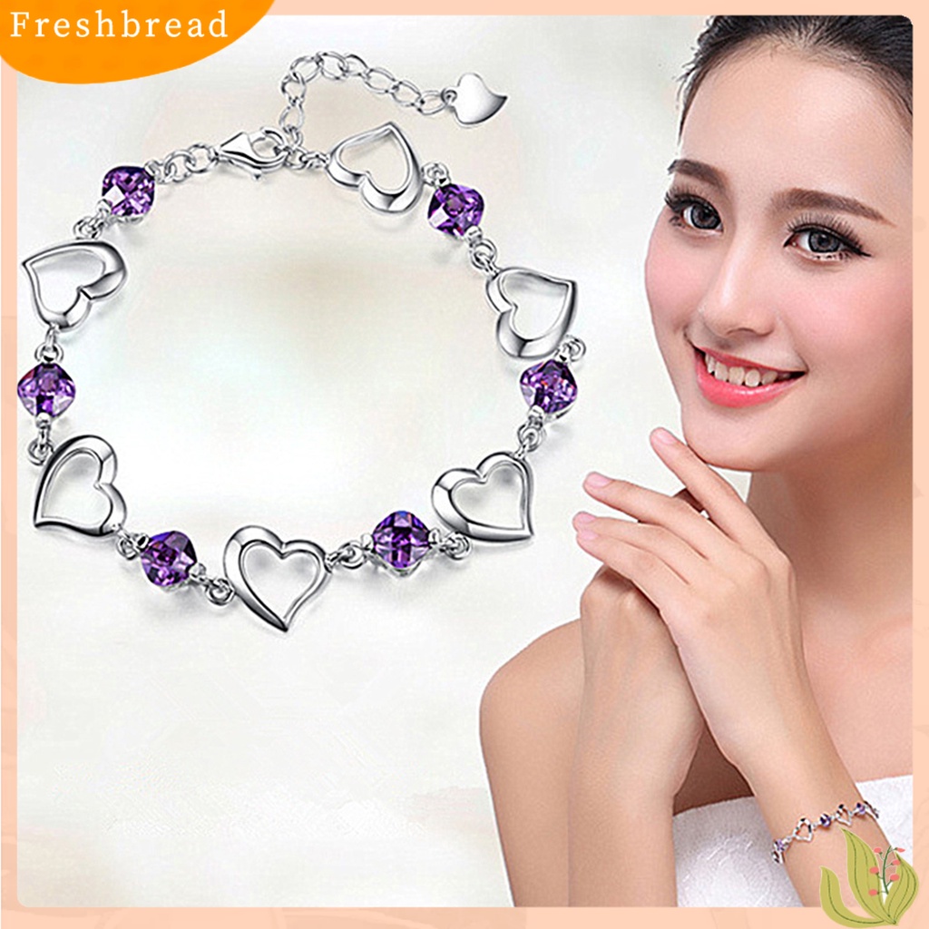 &lt; Freshbread &gt; Wanita Gelang Adjustable Berlian Imitasi Mengkilap Hias Perak Berlapis Kilau Terang Hias Hadiah Wanita Berongga-out Jantung Pesona Gelang Fashion Perhiasan