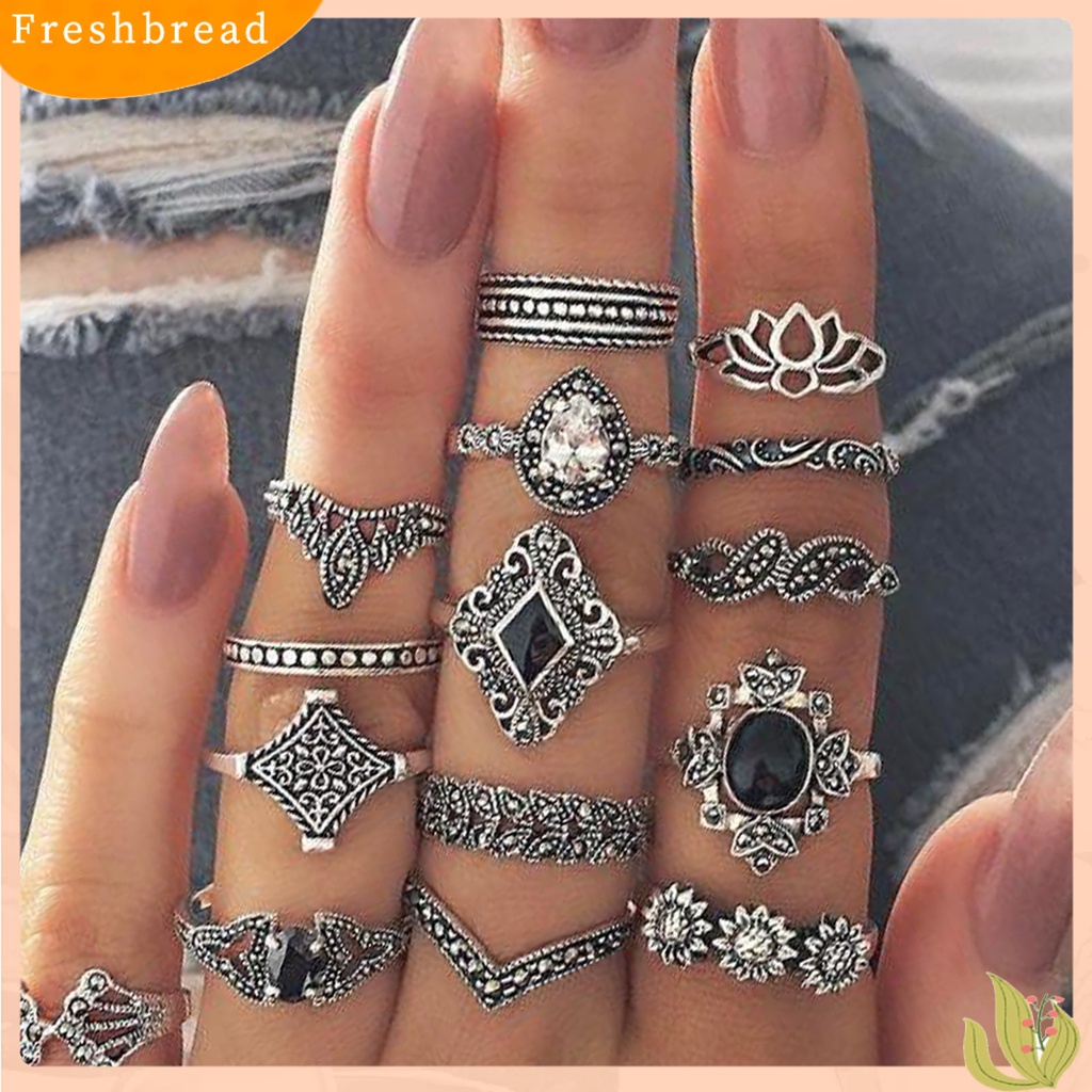 &lt; Freshbread &gt; 15Pcs Cincin Wanita Gaya Bohemian Berlian Imitasi Bertatahkan Perhiasan Tidak Luntur Pembukaan Cincin Untuk Kehidupan Sehari-Hari