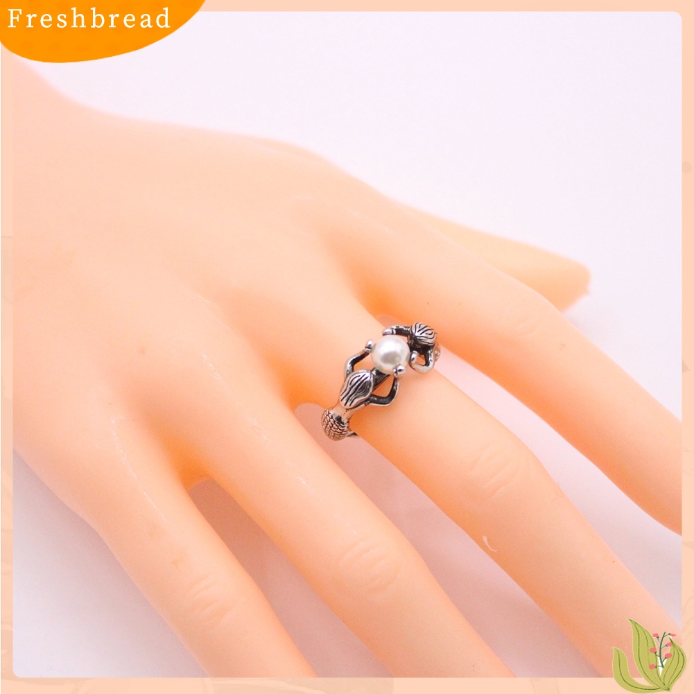 &lt; Freshbread &gt; Fashion Wanita Dua Duyung Diukir Mutiara Imitasi Bertatahkan Jari Cincin Perhiasan Hadiah