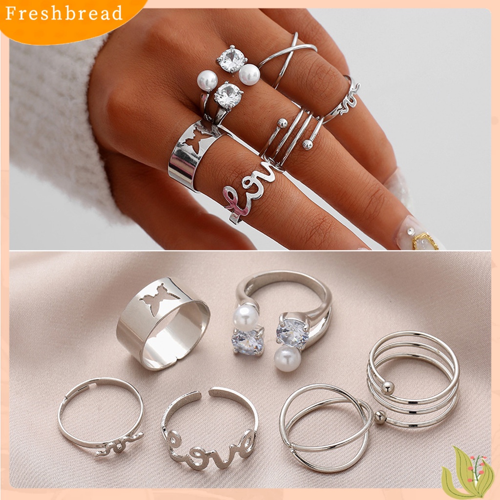 &lt; Freshbread &gt; 6Pcs Cincin Jari Huruf Kupu-Kupu Mutiara Imitasi Pria Wanita Bukaan Adjustable Ins Style Rings Fashion Jewelry