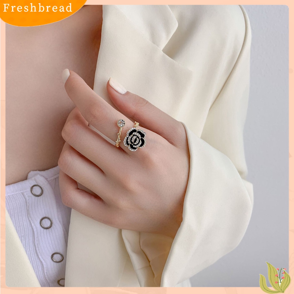 &lt; Freshbread &gt; Cincin Pengantin Gaya Vintage High-end Lengket Besar Bentuk Mawar Hitam Pembukaan Buku Jari Cincin Perhiasan Perempuan