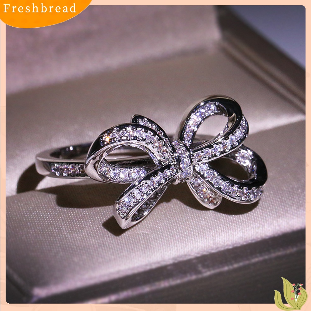 &lt; Freshbread &gt; Wanita Elegan Cubic Zirconia Bertatahkan Busur Jari Cincin Hadiah Perhiasan Pesta Pernikahan