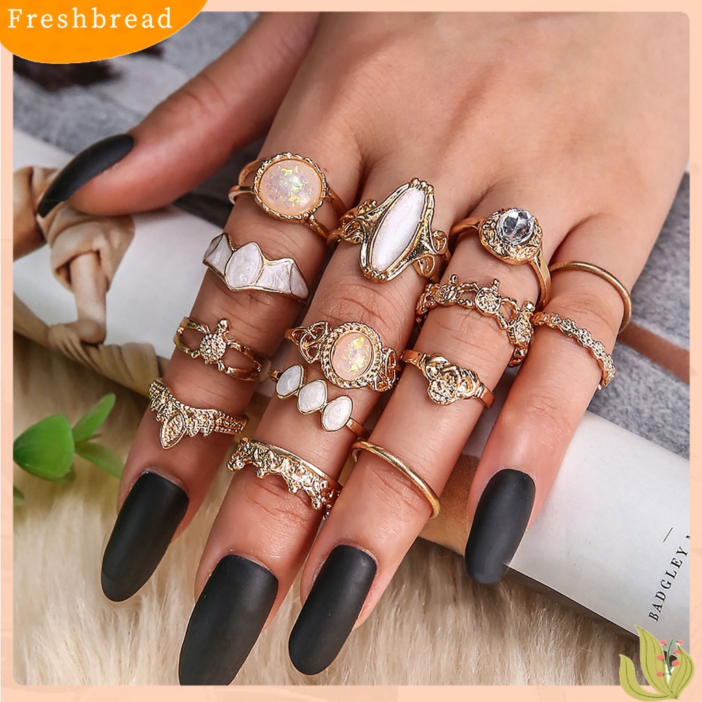 &lt; Freshbread &gt; 14 Pcs Berongga Dapat Ditumpuk Buku Jari Cincin Paduan Gaya Etnik Langit Berbintang Permata Imitasi Jari Rings Perhiasan Aksesori