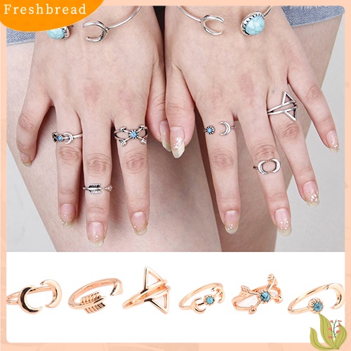 &lt; Freshbread &gt; 6Pcs Turquoise Arrow Moon Triangle Above Knuckle Ring Cincin Tumpuk Ujung Jari Tengah