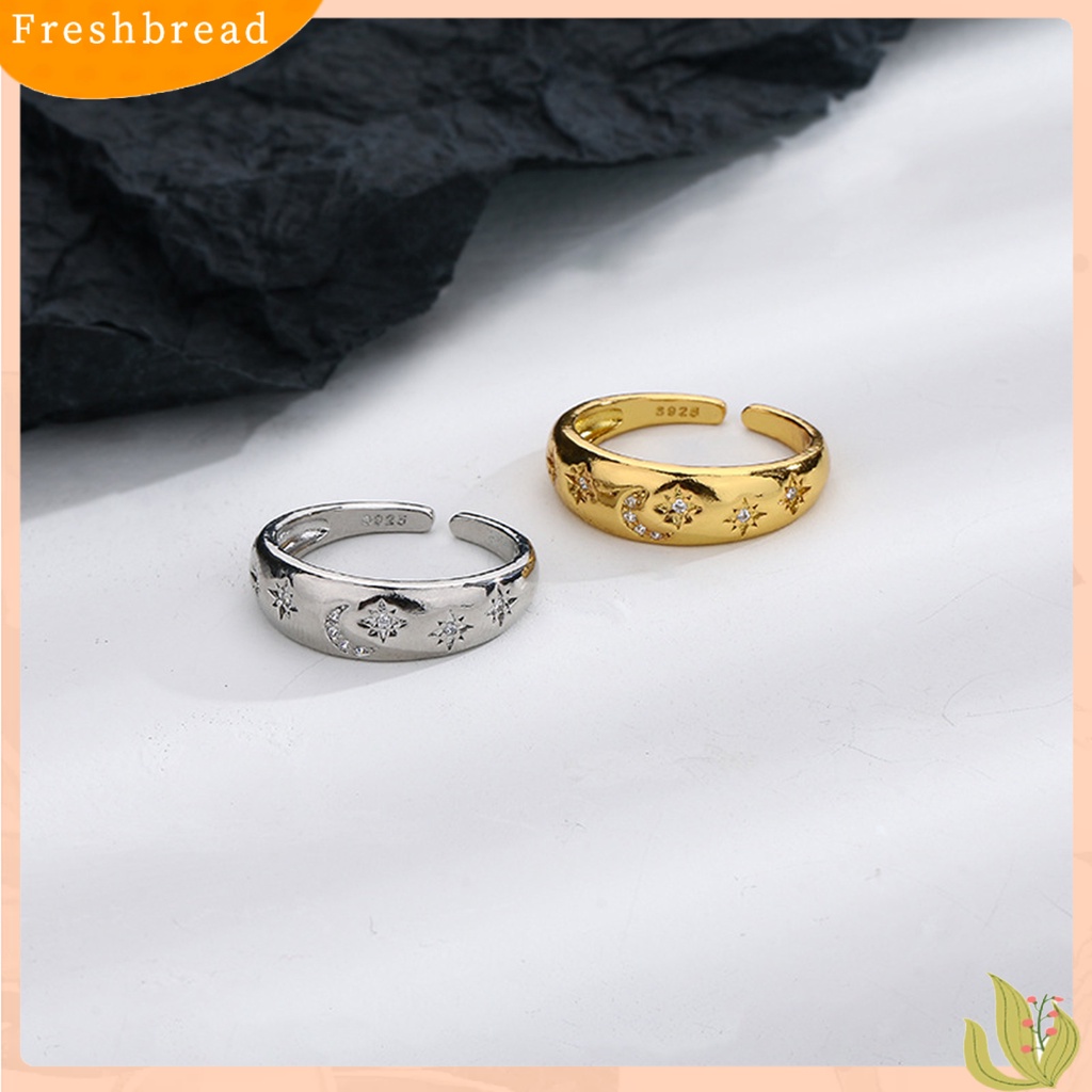 &lt; Freshbread &gt; Cincin Janji Ukiran Halus Zirkon Imitasi Bertatahkan Desain Pembukaan Kilau Terang Electroplating Dekorasi Pengerjaan Halus Fashion Cincin Bulan Bintang Sederhana Untuk Anniversary