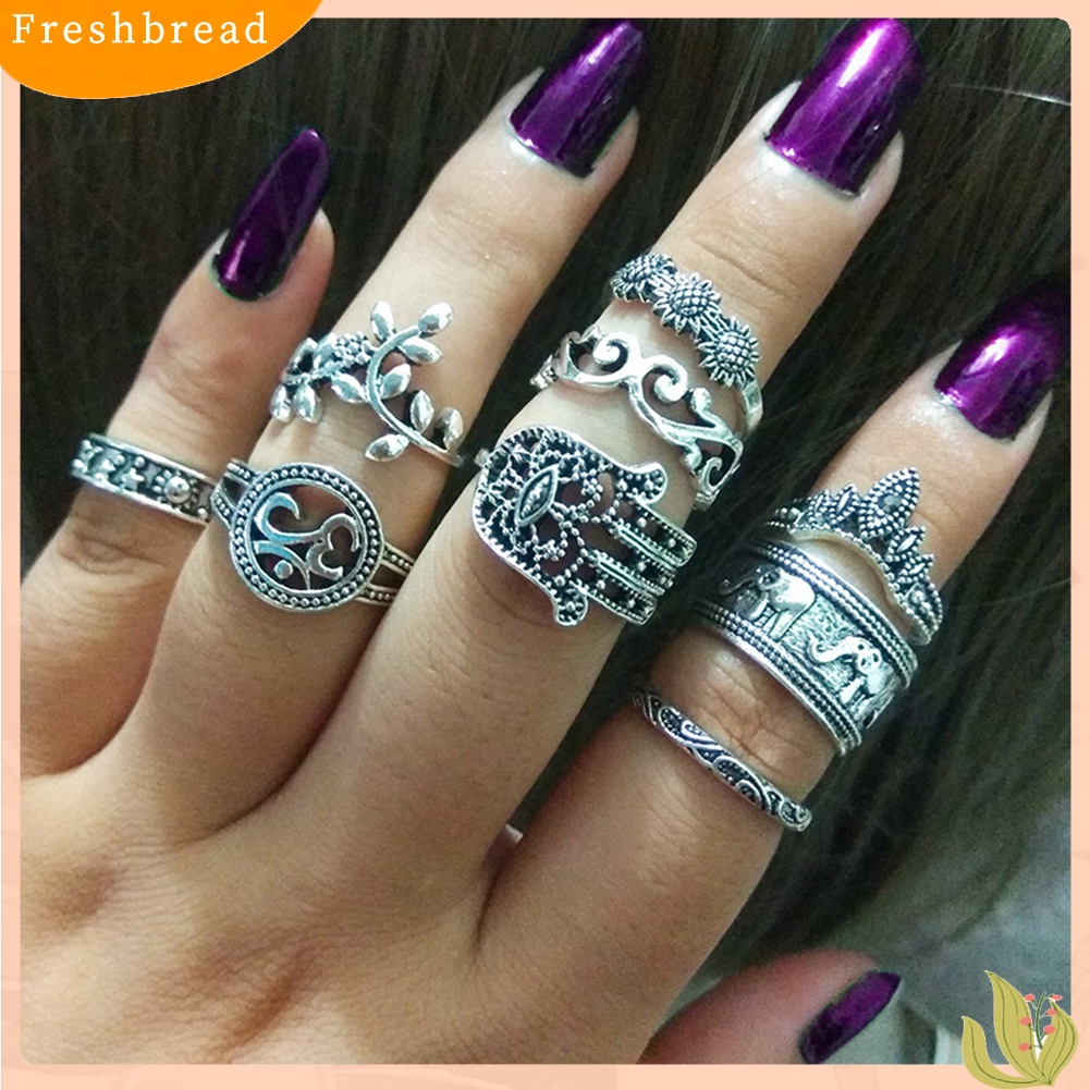 &lt; Freshbread &gt; 9Pcs Wanita Retro Ukiran Bunga Matahari Hamsa Tangan Fatima Hollow Knuckle Rings Set