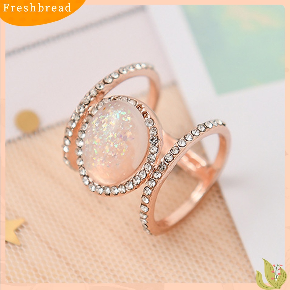 &lt; Freshbread &gt; Wanita Perhiasan Hadiah Oval Imitasi Moonstone Berlian Imitasi Dekorasi Shiny Wedding Ring