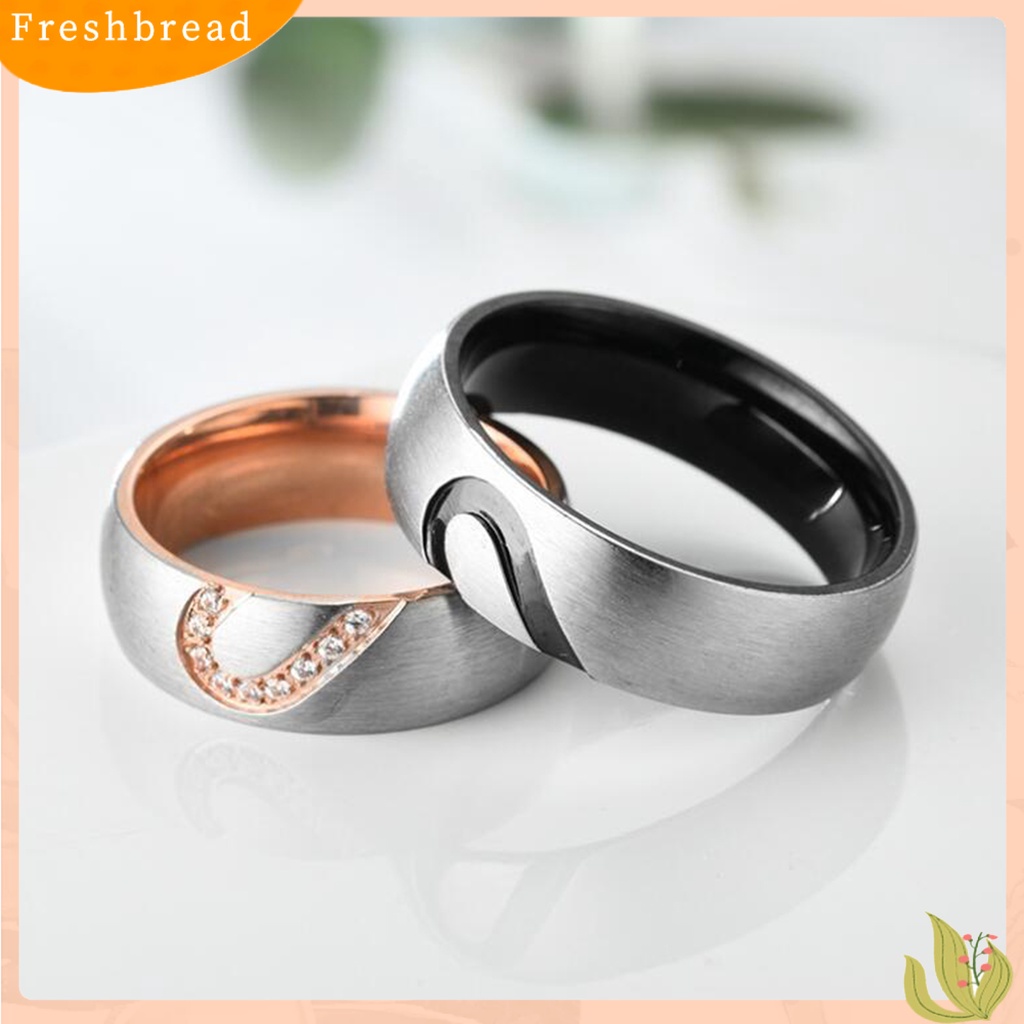 &lt; Freshbread &gt; Cincin Couple Bulat Motif Setengah Hati Perhiasan Kilau Terang Rhinestones Ring Untuk Hari Valentine