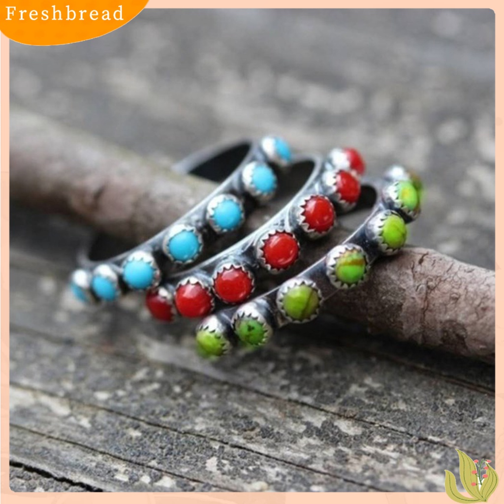 &lt; Freshbread &gt; Retro Gaya Etnik Turquoise Bulat Kecil Beads Cincin Wanita Perhiasan Aksesoris