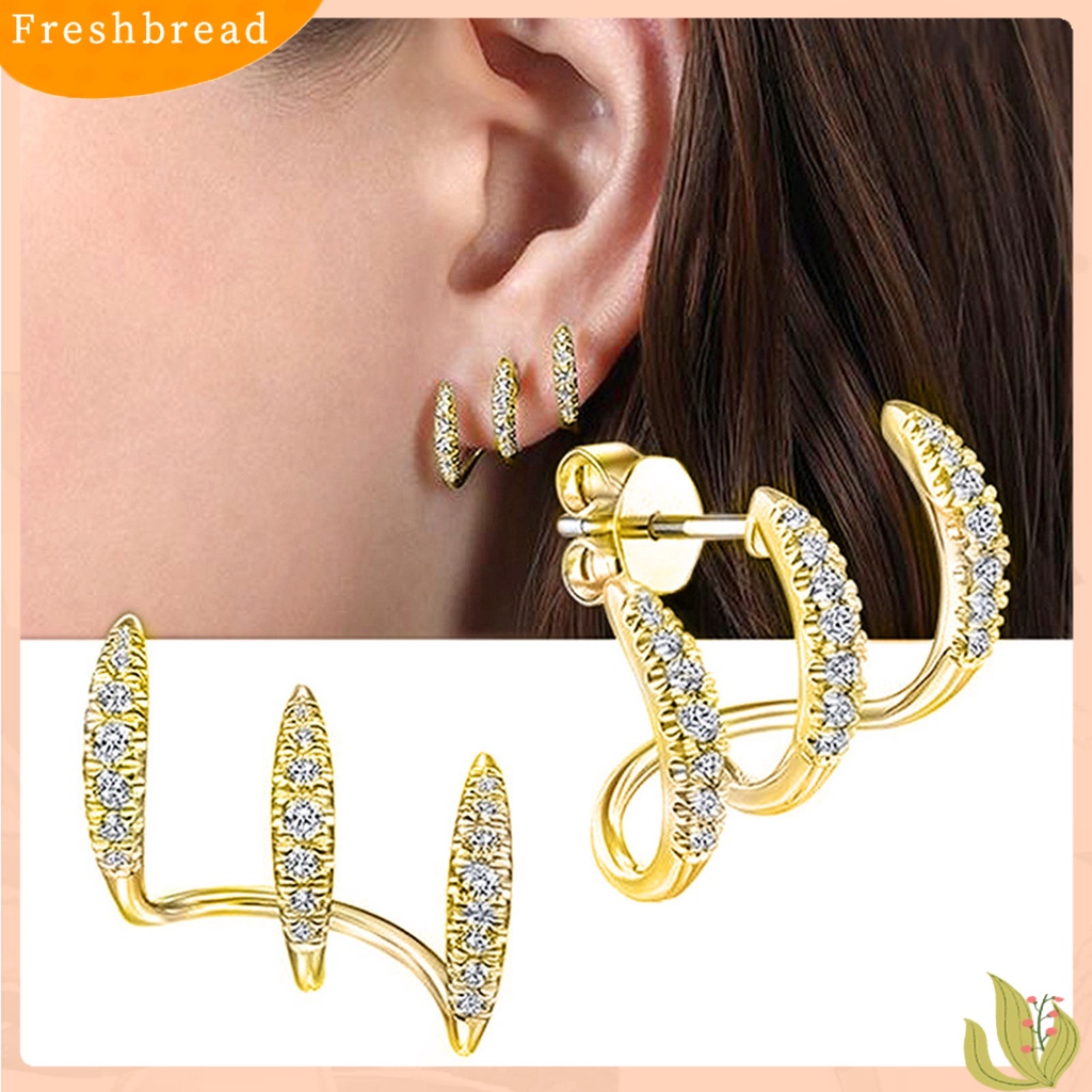 &lt; Freshbread &gt; 1pasang Anting Pejantan Tiga Lapisan Busur Temperamen Bersinar Berlian Imitasi Ear Studs Fashion Jewelry
