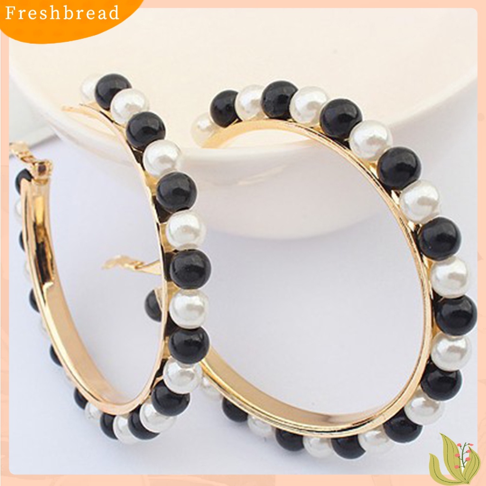 &lt; Freshbread &gt; Fashion Wanita Mutiara Imitasi Hias Lingkaran Besar Pernyataan Hoop Earrings Jewelry