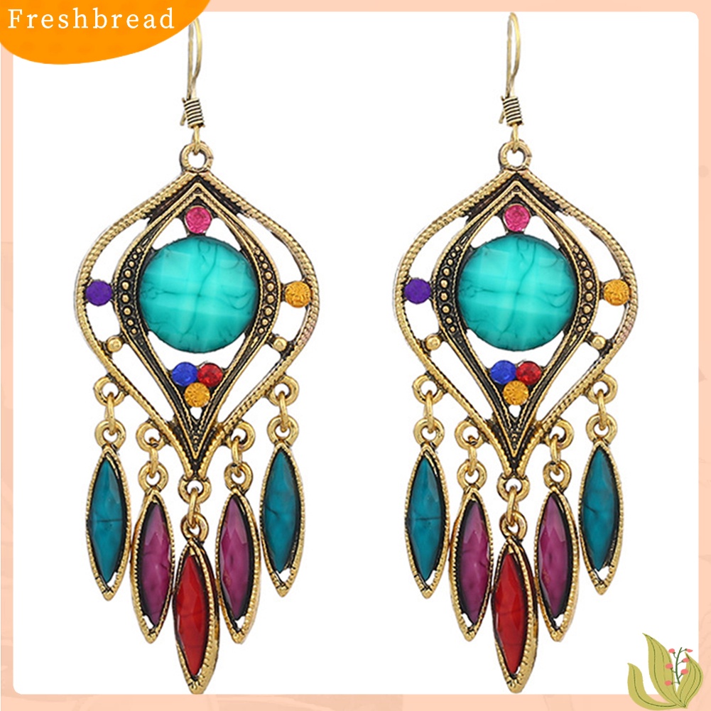 &lt; Freshbread &gt; Bohemian Wanita Berongga Ukir Resin Panjang Rumbai Menjuntai Kait Anting Perhiasan