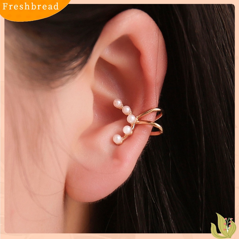 &lt; Freshbread &gt; 1Pc Arc Shaped Faux Pearl Ear Cuff Clip On Earring Wanita Perhiasan Non Piercing