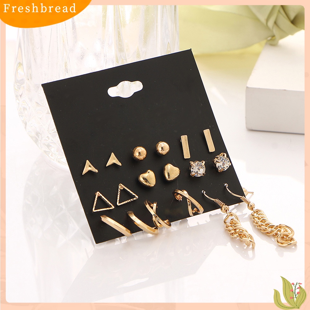 &lt; Freshbread &gt; 9pasang Fashion Wanita Berlian Imitasi Hati Bentuk Segitiga Ear Stud Hook Earrings