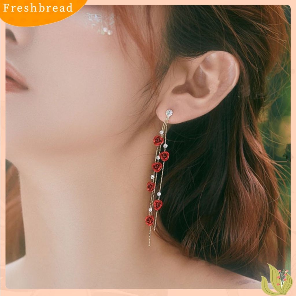 &lt; Freshbread &gt; 1pasang Berlian Imitasi Mengkilap Elegan Wanita Anting Bunga Mawar Panjang Rumbai Drop Earrings Perhiasan Pesta