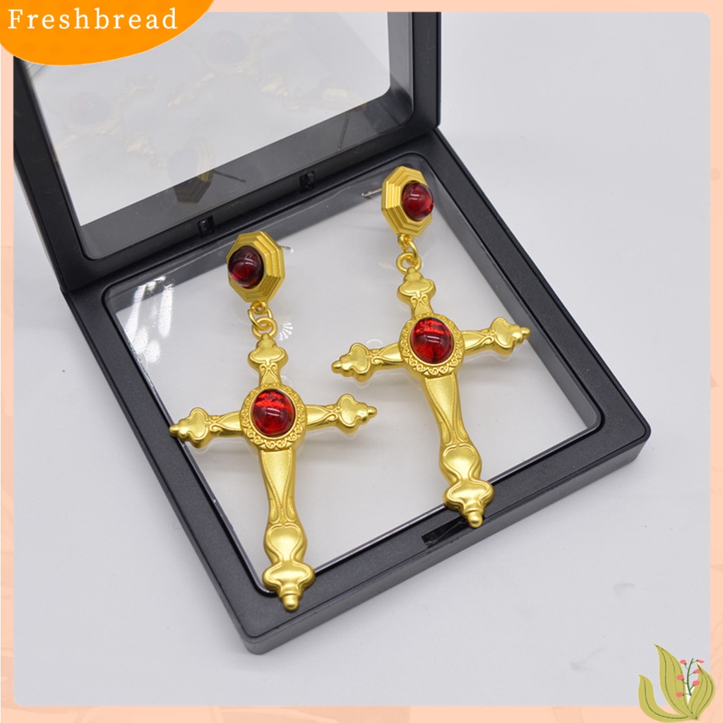 &lt; Freshbread &gt; 1pasang Drop Earrings Gaya Perancis Pertengahan Kuno Vintage Mewah Kaca Berwarna Salib Wanita Stud Earrings Fashion Jewelry