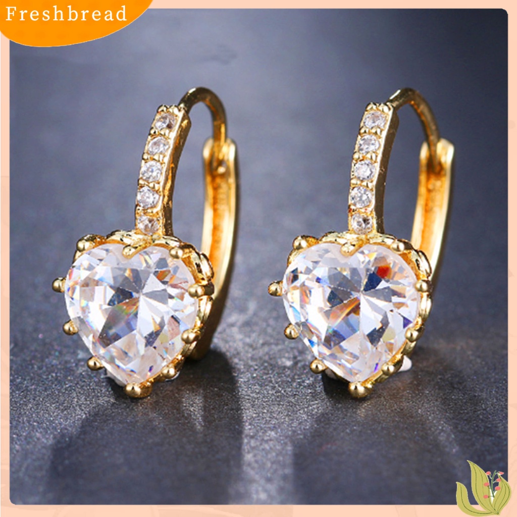 &lt; Freshbread &gt; 1pasang Anting Bulat Tembaga Romantis Mewah Berbentuk Hati Cubic Zirconia Hoop Earrings Perhiasan Pesta