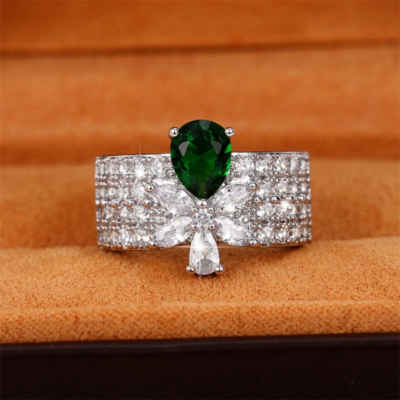 Vintage Green Cubic Zirconia Ring Temperamen Cincin Jari Bunga Manis Untuk Wanitapestahadiah Anniversary