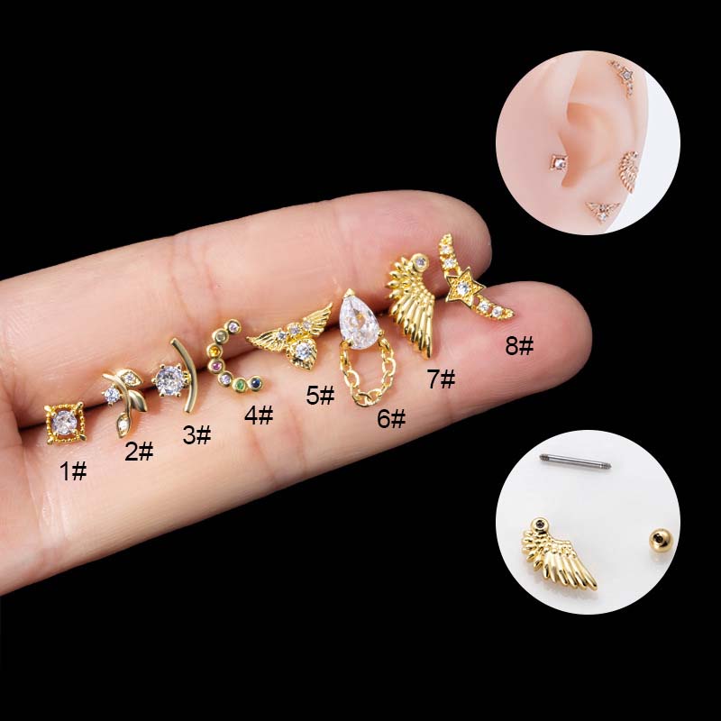 1biji Anting Tulang Rawan Stud Tindik Stainless Steel Tragus Helix 20Gauge Warna Emas/silver Bentuk Bintang Sayap