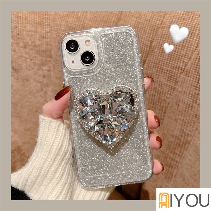 IPHONE Glitter Berlian Love Pink Stand Panas Transparan Casing Ponsel Untuk Iphone14 Pro13 12 11 Pro Max XS X XR 78 Plus Kristal Shiny Back Cover