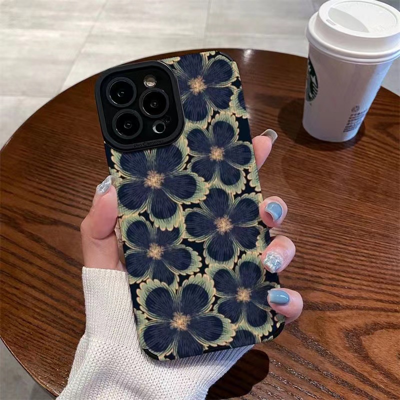 Leather Green Black Flower Soft Case for IPhone 6S 7 Plus 8 Plus X XS XR XS Max 11 13 12 14 PRO Max 14 Plus 13 12 Mini Pretty Case for Girl Women's Fashion