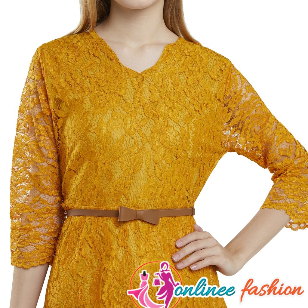 SALEE Mini Dress Korea Casual Salma Mustard Dres Brokat Lapis Furing FREE Belt