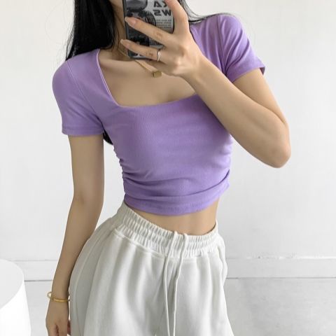 Red Eropa dan Amerika Retro Babes Kerah Persegi Terkena Tulang Selangka Lengan Pendek T-shirt Wanita Musim Panas Budidaya Diri Keinginan Murni pinggang Lipit Atasan Pendek