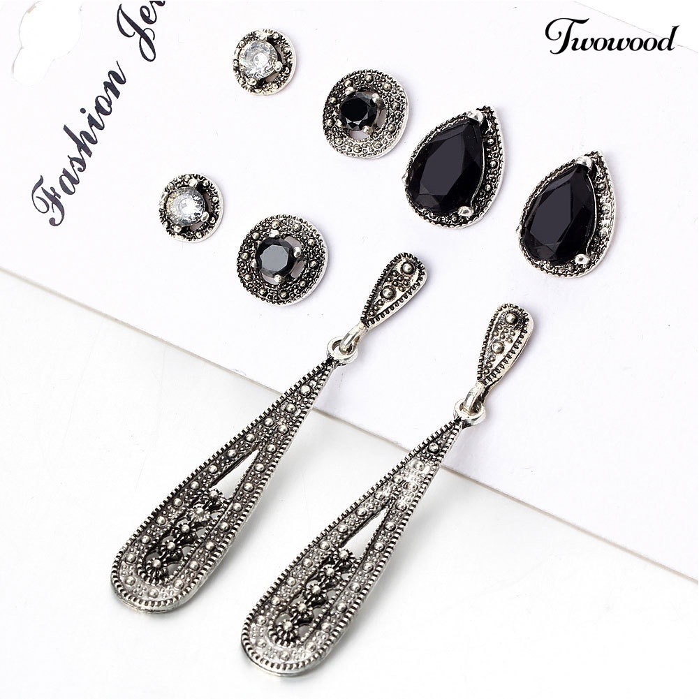 Twowood 4pasang Bohemian Wanita Cubic Zirconia Bulat Drop Ear Studs Linear Earrings Set