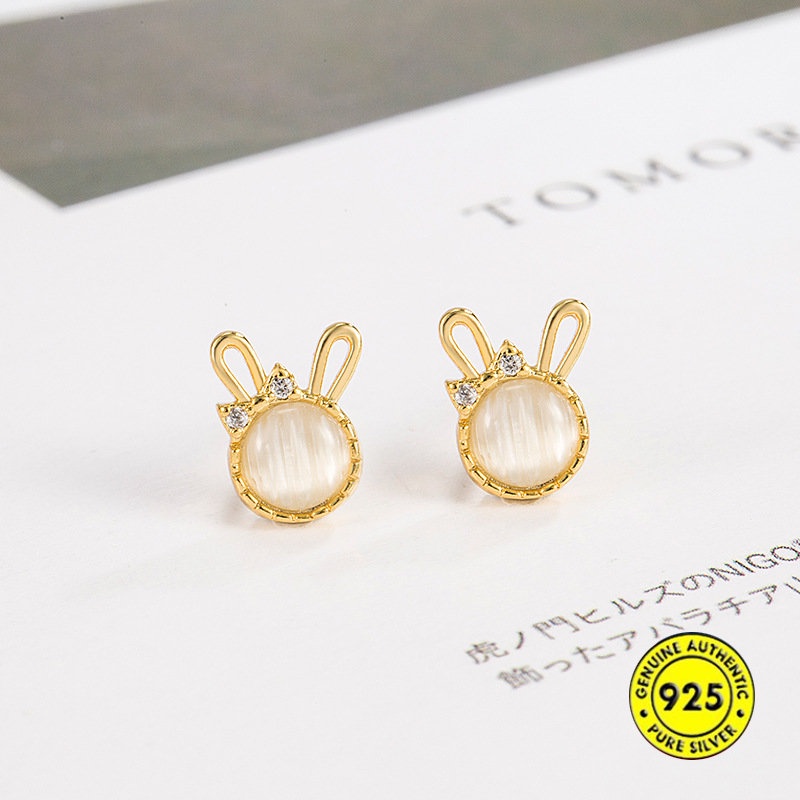 Anting Emas 18K Opal Rabbit Stud Earrings Simple Lucu Anting Wanita U1204