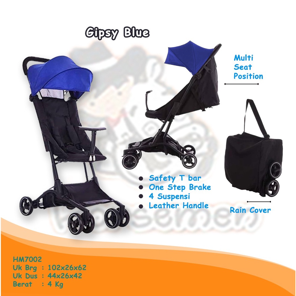 HM7002 Gipsy Blue Stroller Stroler Stoler Stoller Cabin Size Kabin Pesawat Lipat Kecil Mini New Born