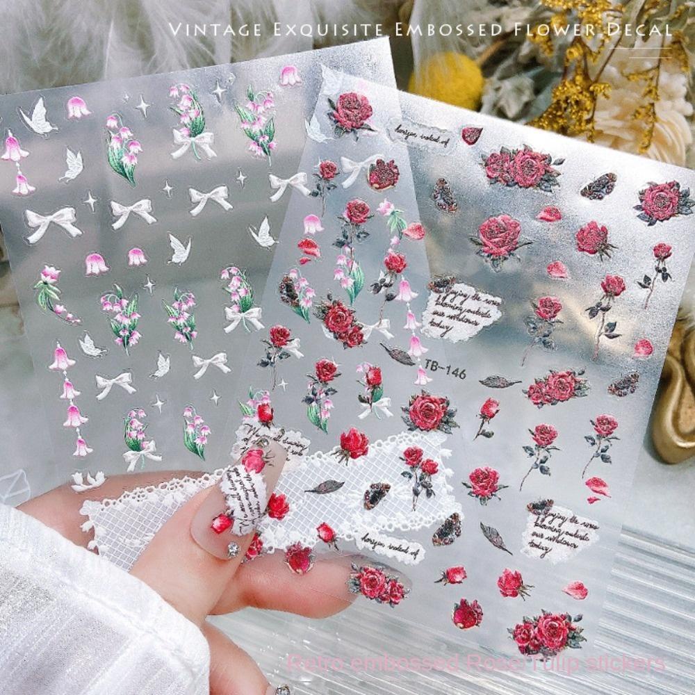 MXBEAUTY Flowers Nail Stickers Women Spring Japanese Style Tulip Bowknot Self Adhesive Nail Decorations