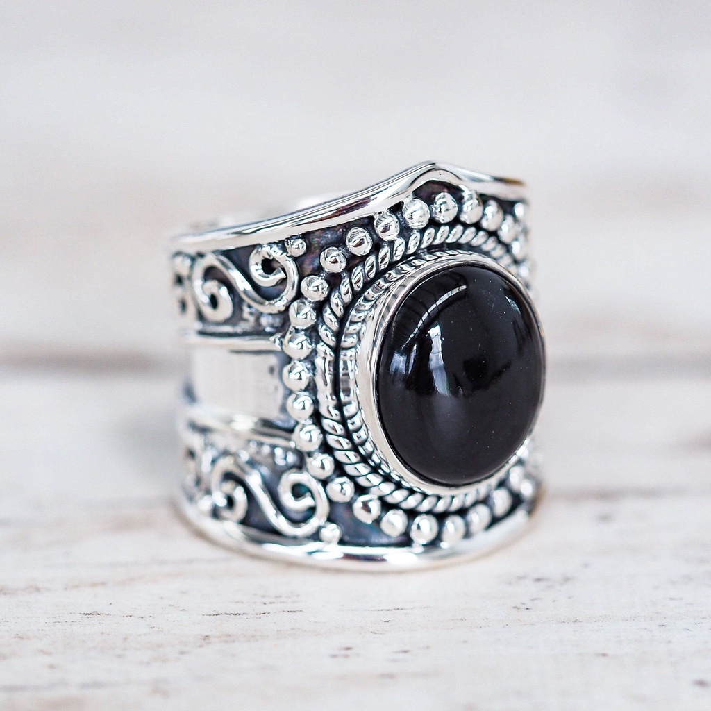 Goldkingdom Aksesoris Perhiasan Fashion Ready Stock Eropa Dan Amerika Vintage Moonstone Thai Cincin Perak Wanita Hitam Onyx Pirus Tangan Ornamen