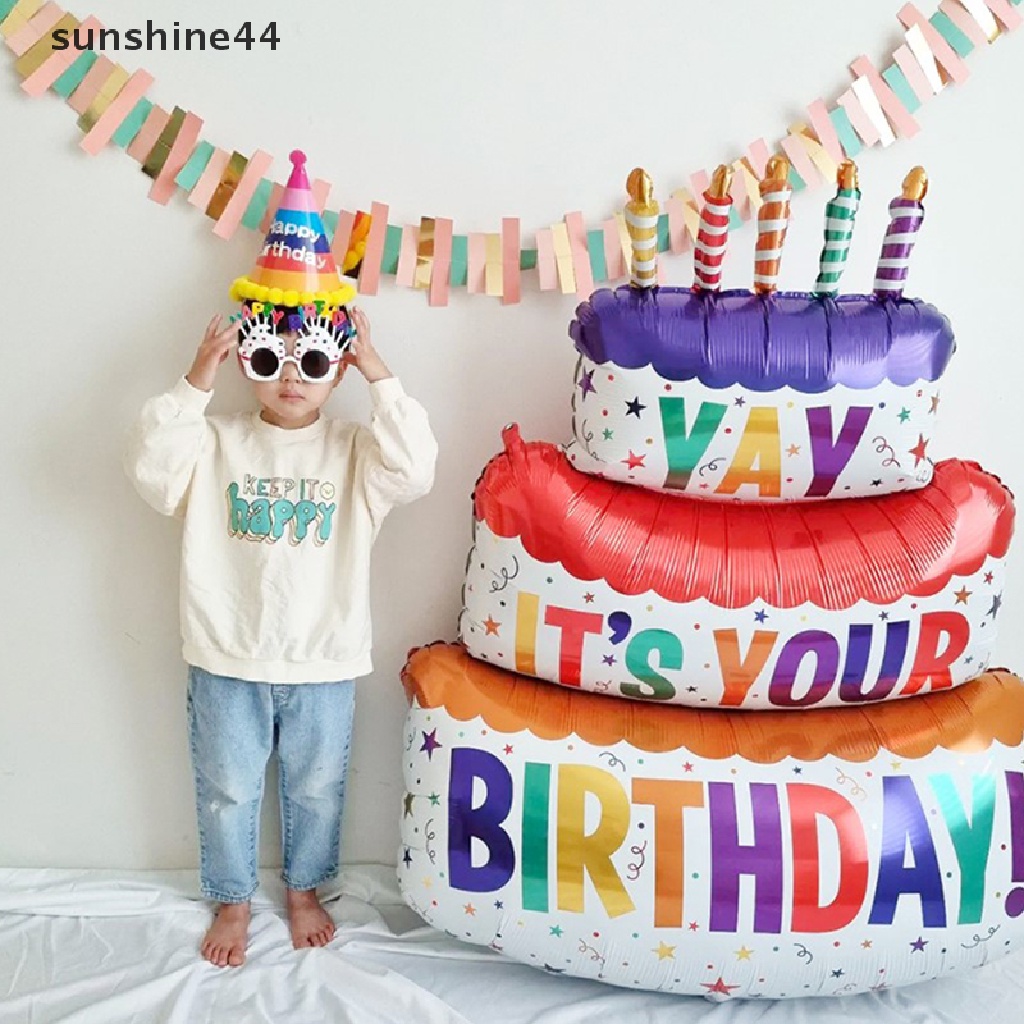 Sunshine Balon Kue Happy Birthday Besar 3-Layer Color Cake Balloons Bear Balon Kue Untuk Pesta Ulang Tahun Anak Baby Shower Dekorasi ID