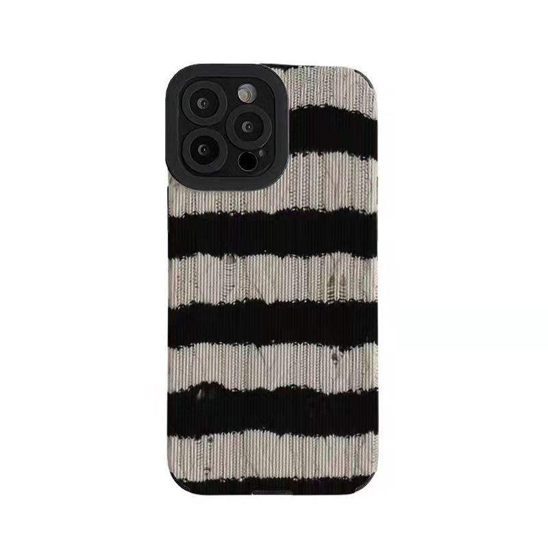【Lamb Skin】Black and White Sweater Leather Soft Case for IPhone 6S 7 Plus 8 Plus X XS XR XS Max 11 13 12 14 PRO Max 14 Plus 12 13 Mini Ins Fashion Twisted Stripe Girl Women's Gift