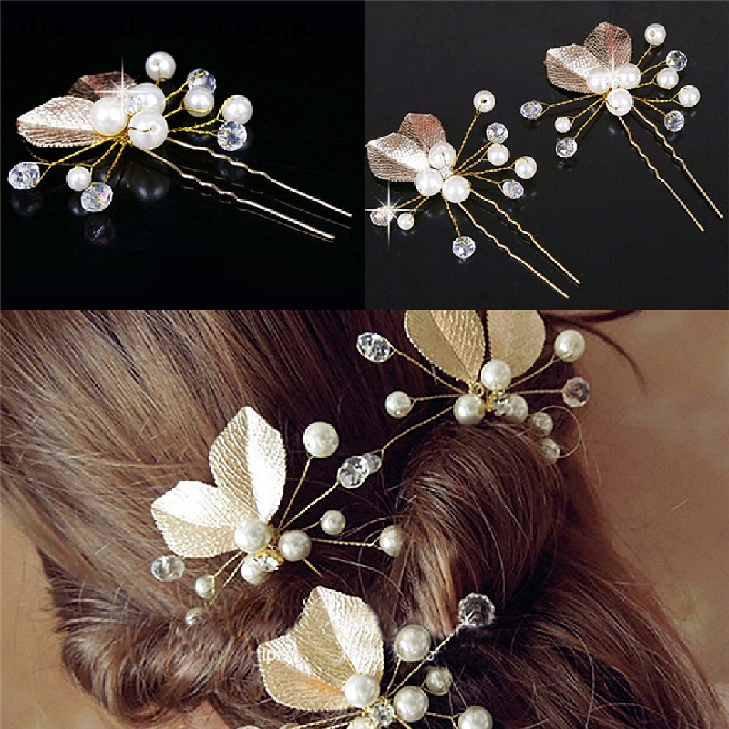 (hot) 4 Pcs Wanita Bridal bridesmaid Mutiara Emas Daun Headpiece Rambut Pin Jepit Rambut Pernikahan//