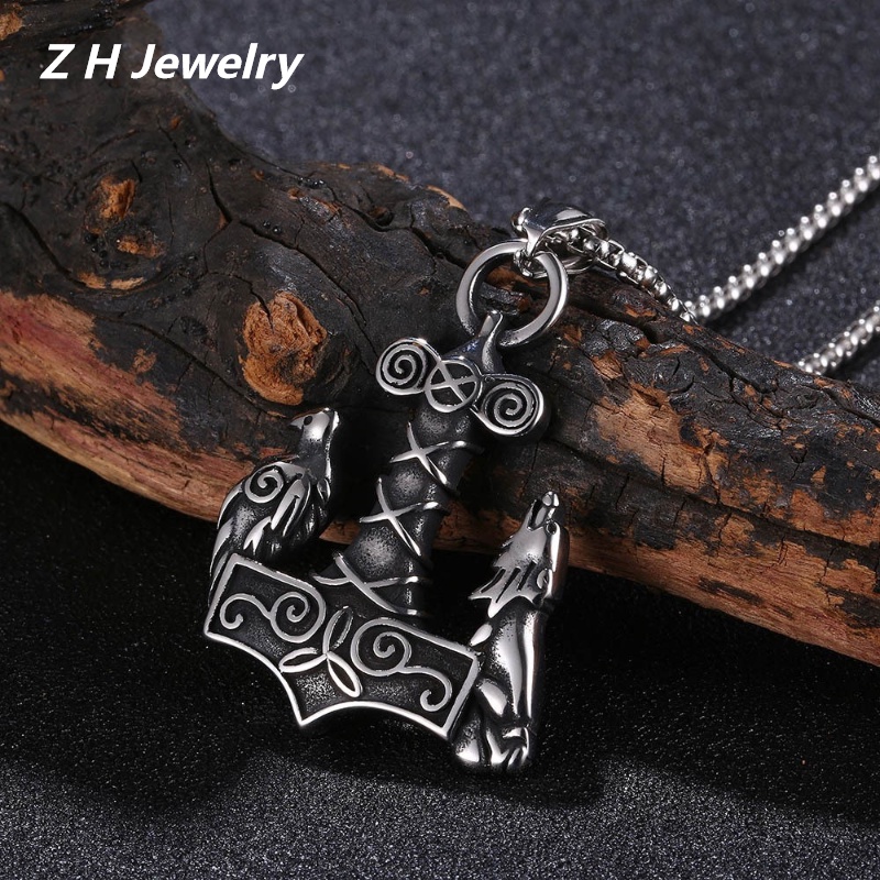 [Z H Perhiasan] Vintage Hip Hop Viking Logo Thor Palu Gagak Dan Serigala Liontin Pria Dan Wanita Fashion Stainless Steel Kalung Punk Pesta Rock Perhiasan Aksesoris