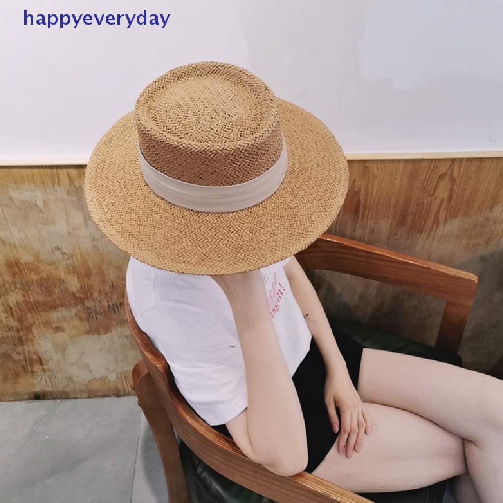 [happy] Natural Straw Hat Topi Pantai Pria Topi Cekung Datar Pelindung Visor Topi Perahu Matahari [ID]