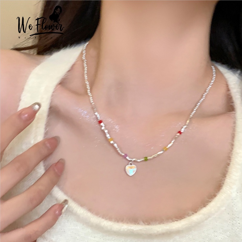 Kami Bunga Korea s925 Perak Pelangi Manik-Manik Moonstone Jantung Liontin Kalung Untuk Wanita Gadis Liburan Musim Panas Warna-Warni Manik-Manik Pesona Tulang Selangka Rantai Kalung Perhiasan Aksesoris