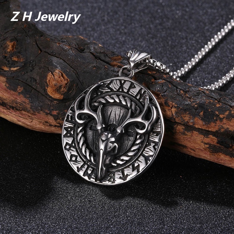 [Z H Perhiasan] Vintage Nordic Viking Hip Hop Elk Liontin Pria Fashion Stainless Steel Kalung Punk Pesta Perhiasan Aksesoris