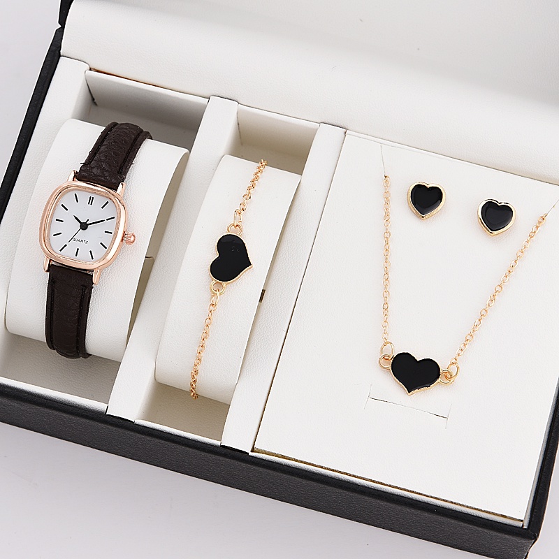 5PCS Wanita Set Mewah Kulit Wanita Kuarsa Jam Tangan Fashion Gelang Kalung Telinga Studs Watch Set Tidak Ada Kotak